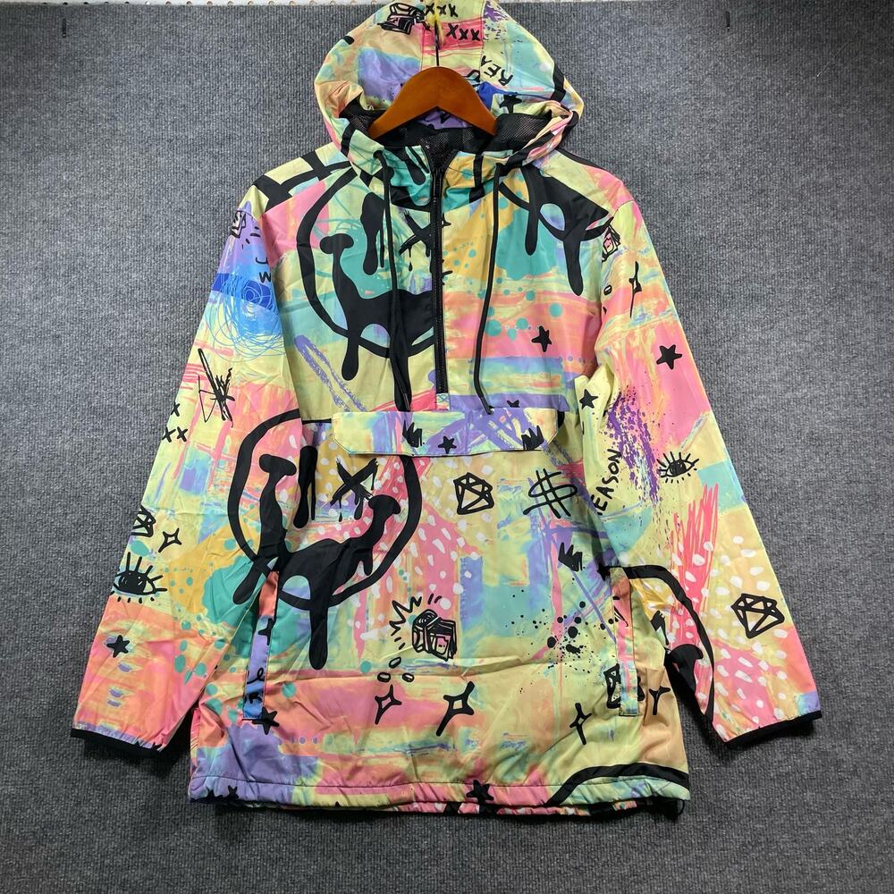 Reason Brand 1/2 Zip Rain Jacket Men's Large Multicolored Graffiti Hooded